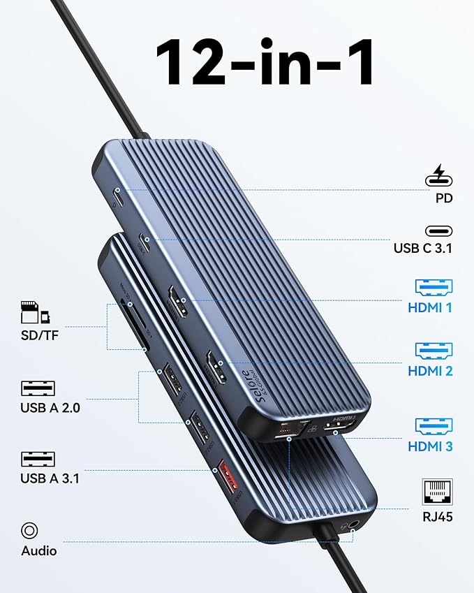 USB C Docking Station 3 HDMI, Docking Station 3 Monitors, 12 in 1 Docking - Image 2
