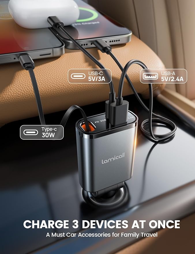 Lamicall Retractable Car Charger USB C Fast Charging 57W Type C Car Phone - Image 4