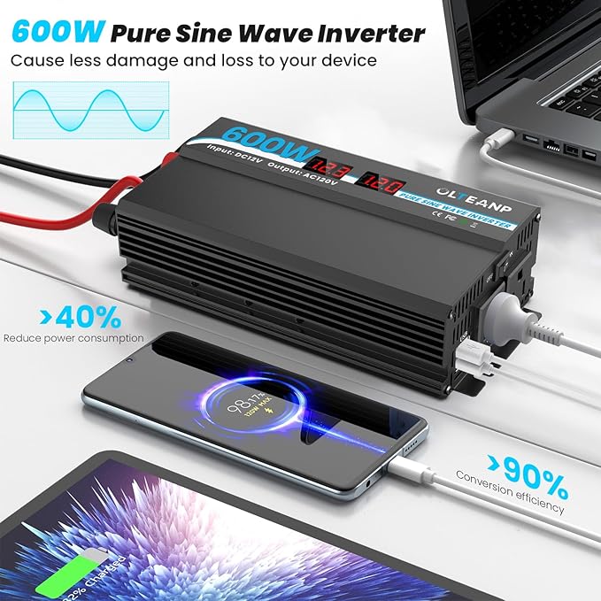 600W Power Inverter Pure Sine Wave Inverter 12V DC to 120V AC Converter - Image 2