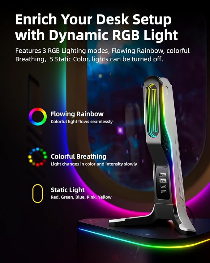 RGB Gaming Headset Stand with 2 USB and 1 Type-C Ports, Game Headphone Mount - Image 3