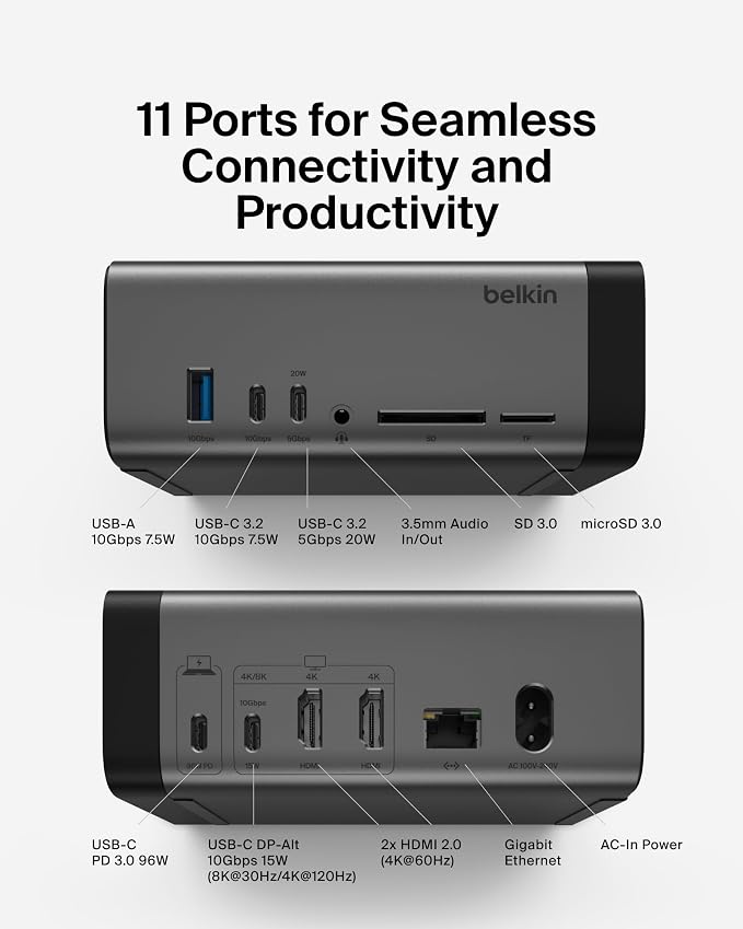 Belkin USB-C Hub, 11-in-1 Pro GaN Dock 150W, 3.5mm Port, 4K HDMI Ports - Image 2