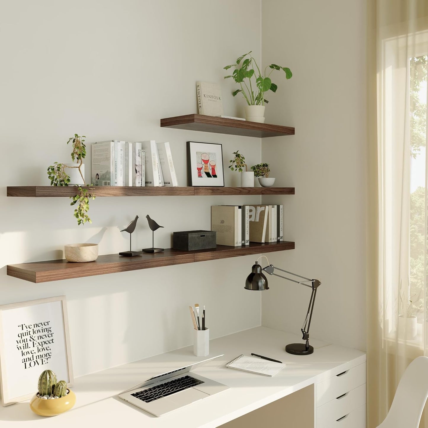 Large Floating Shelves for Wall Set of 2 Wooden Wall Shelves 36 in x 12.75 in x 2 in Room Decor Long Shelf with Invisible Wall Mount Bracket for Bedroom Kitchen Living Room Walnut