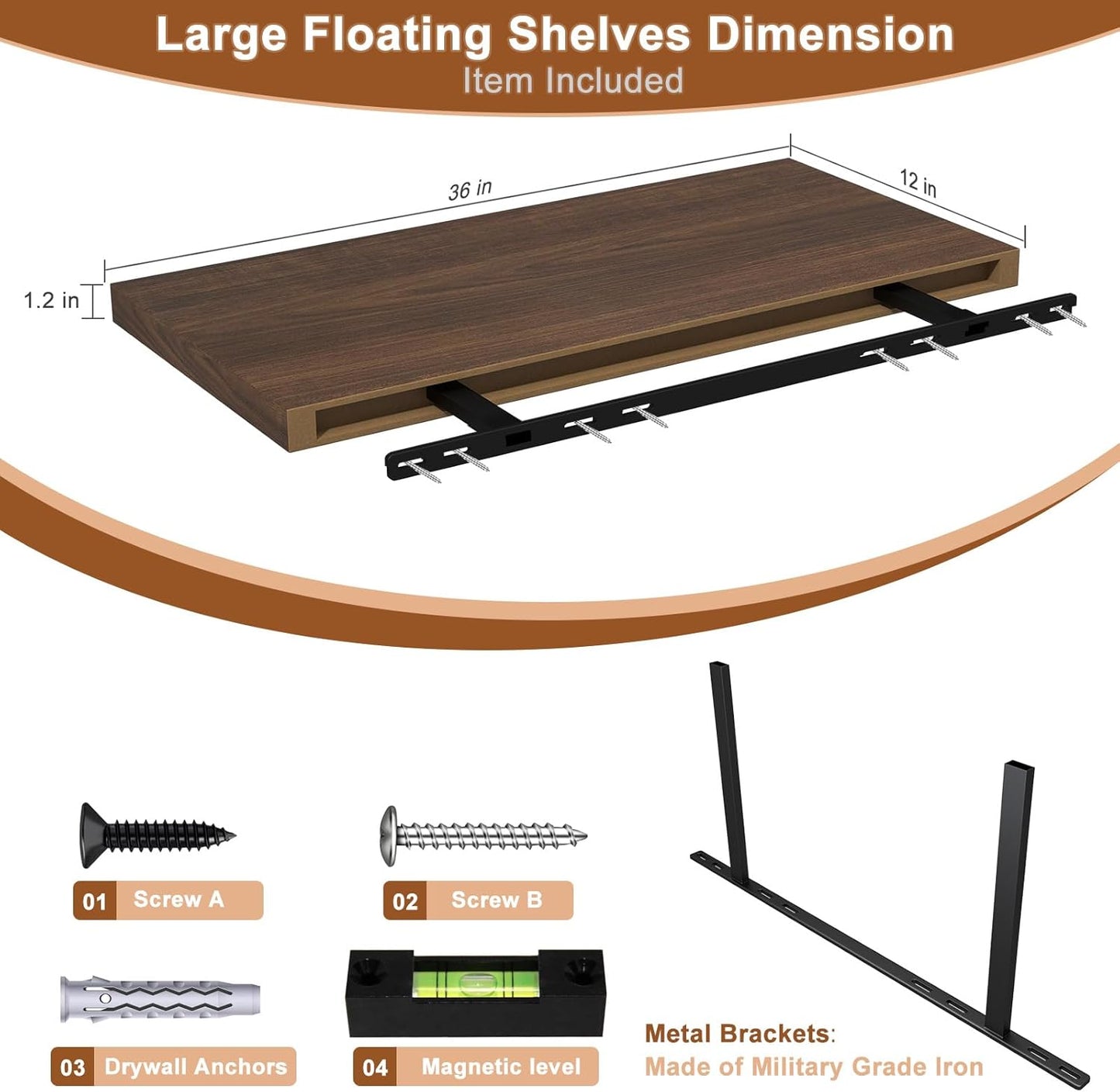 12 Inch Deep Floating Shelves for Wall 2 Pack Floating Shelves Large Storage Space Wall Mount Shelf for Living Room Kitchen Bathroom 36" W x 12" D x 1.2" H Walnut