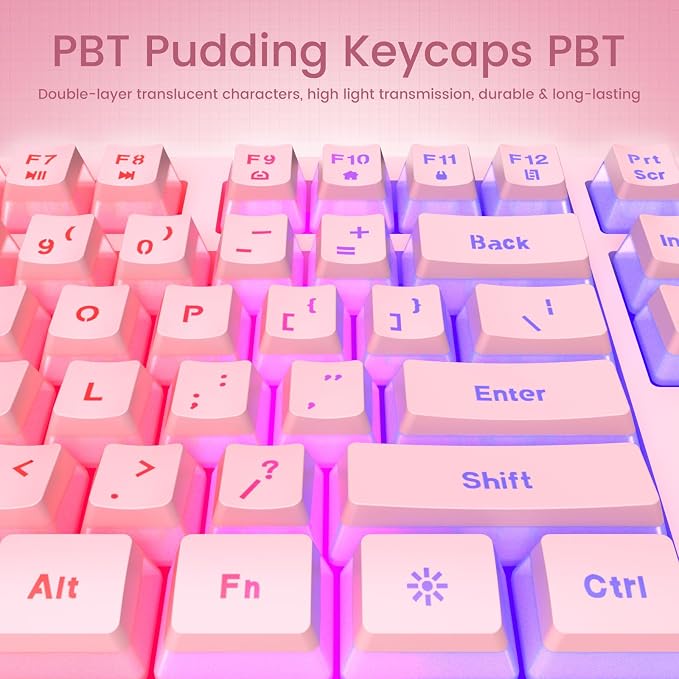 Pink Creamy Keyboard, Rainbow LED Backlit, 104 Keys Silent Light Up Gaming - Image 3