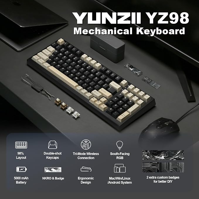 YUNZII YZ98 Gasket Mechanical Keyboard, 99 Key Hot Swappable BT5.0/2.4G/USB-C - Image 2