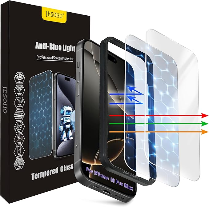 Screen Protector for iPhone 16 Pro Max, 3RD Colorless Anti-Blue Light Tempered by JESOHO