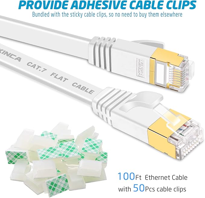 Cat 7 Flat Ethernet Cable 100ft White, High Speed 10GB Shielded LAN Internet - Image 2