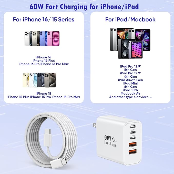 iPhone 16 Fast Charger Block, 2 Pack 60W USB Charging Block 5-Port Charge - Image 3