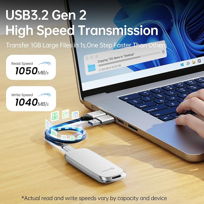 PHIXERO P10PRO External NVMe SSD 1TB, USB 3.2 Gen2, Includes 2-in-1 USB C Cable - Image 2
