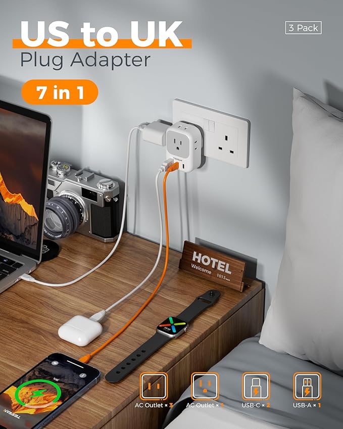 US to UK Plug Adapter 3 Pack, TESSAN Type G Adapter - Image 3