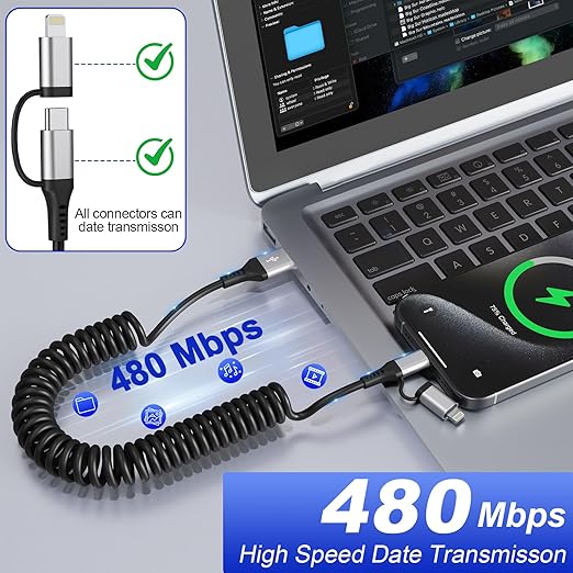 USB to USB-C and Lightning Cable Combo, 2 in 1 Coiled iPhone Charger Cable - Image 6