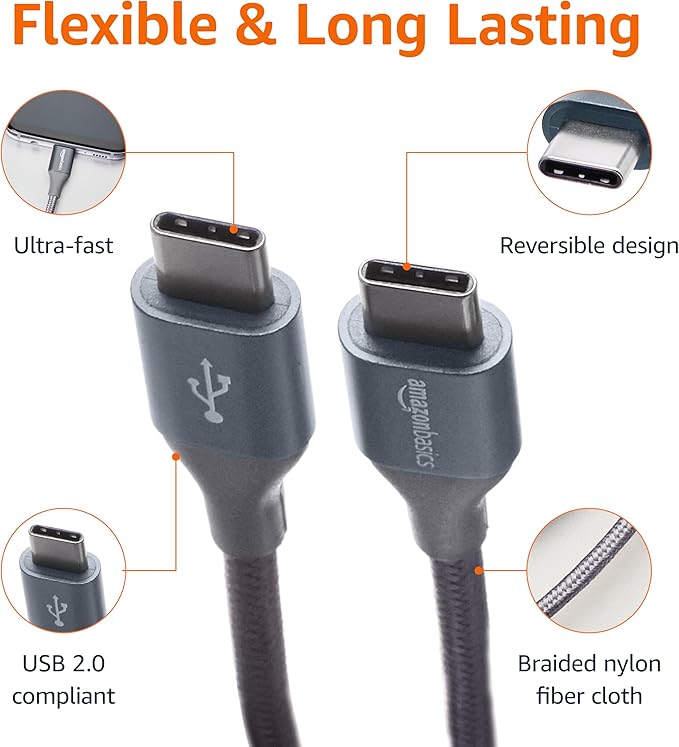 Amazon Basics USB C to USB C Cable Charger Cable, Nylon Braided Cord, 480Mbps - Image 3