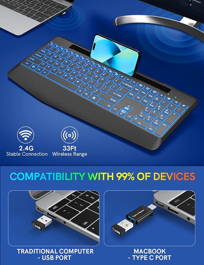 Wireless Keyboard with 7 Colored Backlits, Wrist Rest, Phone Holder, - Image 5