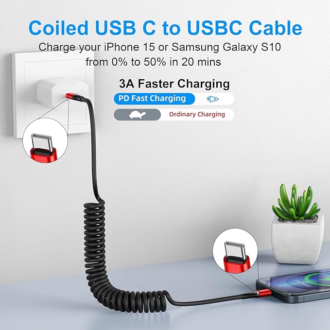 KIYODA Coiled USB C Cable for Car 3FT & 6FT, USB C to USB C Fast Charging Cable - Image 2