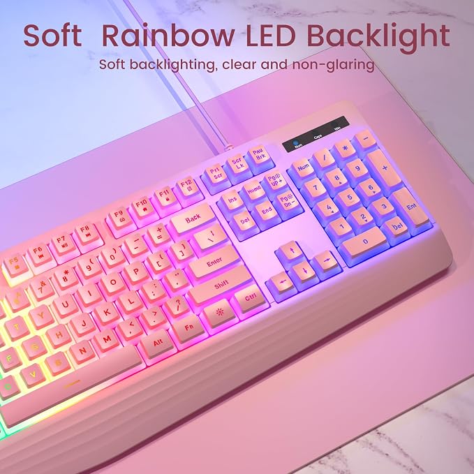 Pink Creamy Keyboard, Rainbow LED Backlit, 104 Keys Silent Light Up Gaming - Image 2