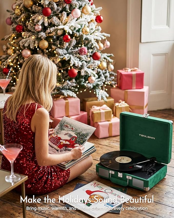 Green Velvet Suitcase Vinyl Record Player - Image 8