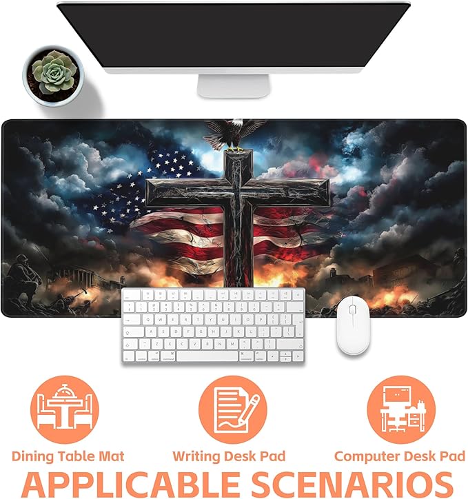 Mouse Pad Large A Cross with an Eagle Non-Slip Game Desk Mat with Stitched Edge - Image 4