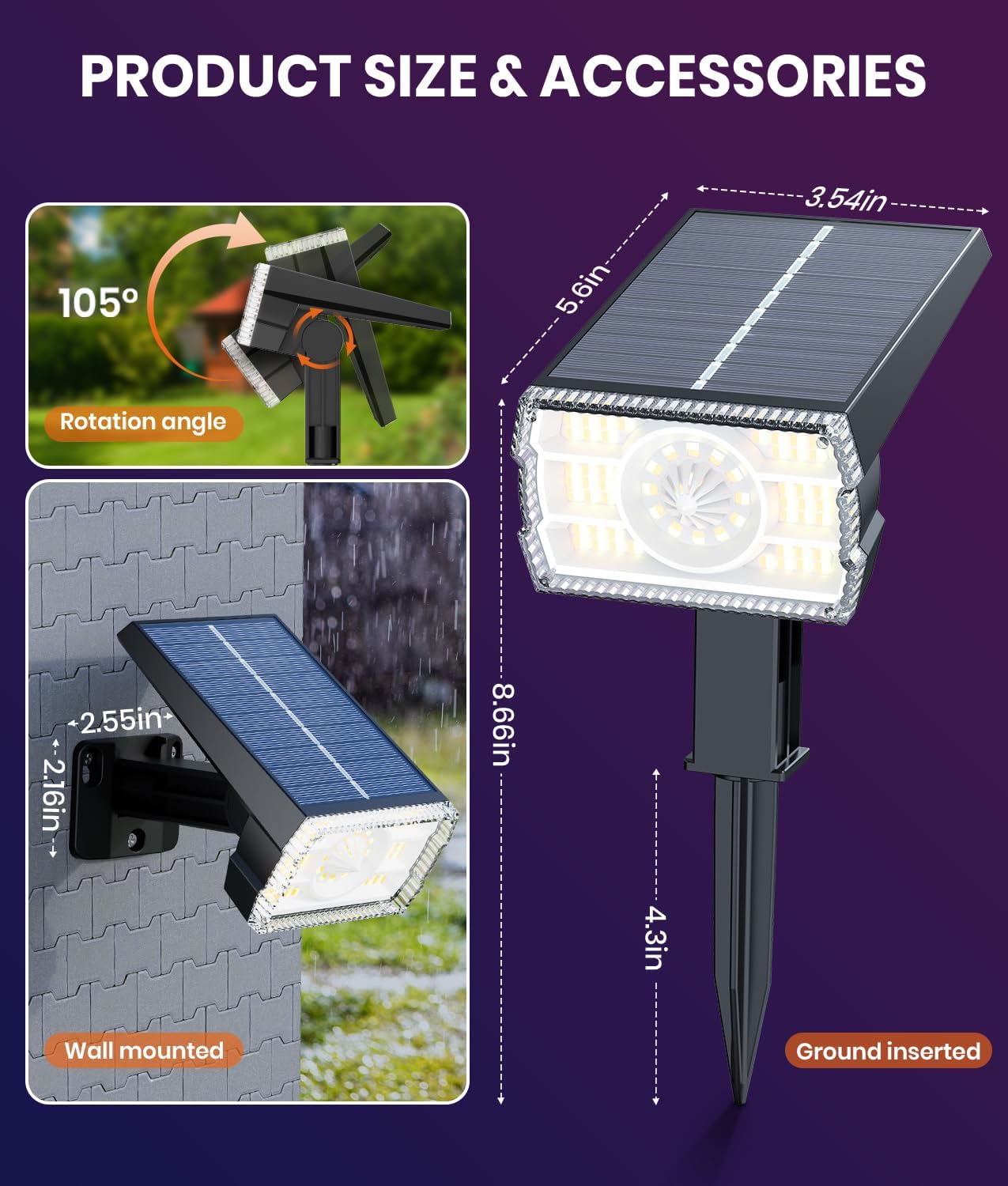 Solar Spot Lights Outdoor 2-Pack Multicolor IP65 Waterproof RGB - 6 Colors, 2 Modes, 105° Adjustable 58 LED Flood Lights, Solar Powered Spotlights for Yard, Garden, House & Landscape Lighting Outside