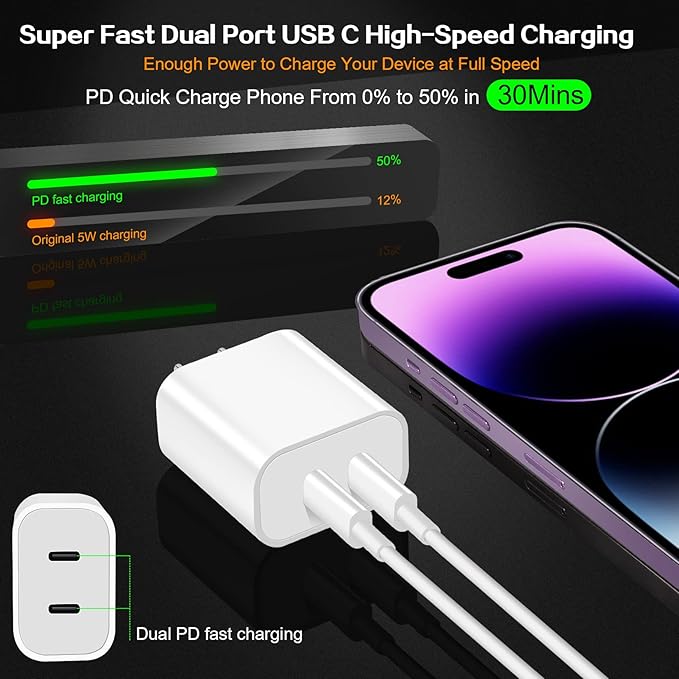 Fast iPhone Charger, Dual Port USB C iPhone Charger Fast Charging Block - Image 2