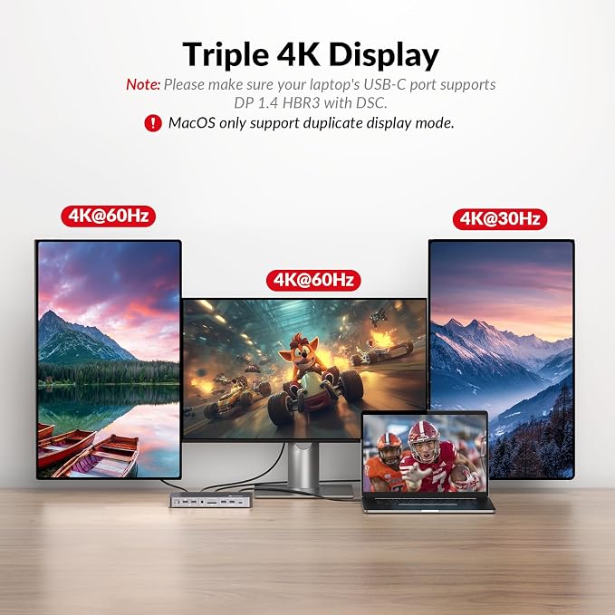 Docking Station Triple Monitor, 100W Laptop Charging, 10Gbps USB-C/A, Plug & - Image 3