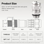 NPT 1/4" Stainless Steel Waterproof Cable Gland IP68 Waterproof Cable Gland - Image 2