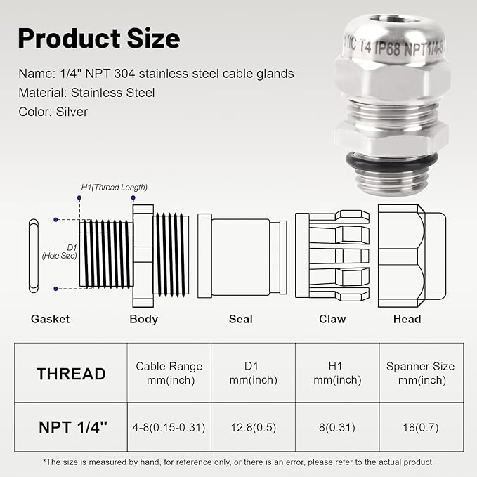 NPT 1/4" Stainless Steel Waterproof Cable Gland IP68 Waterproof Cable Gland - Image 2
