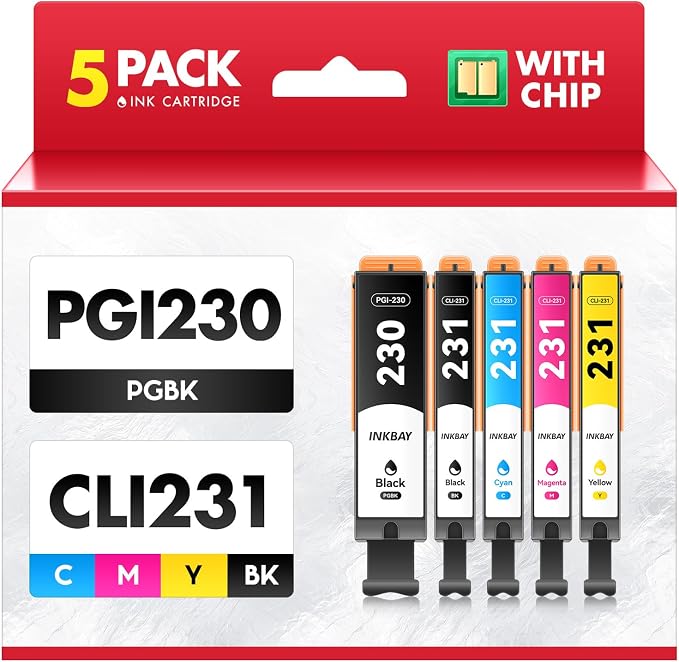 PGI-230XL CLI-231XL High Yield Ink Cartridge Combo 5 Pack Compatible by INKBAY