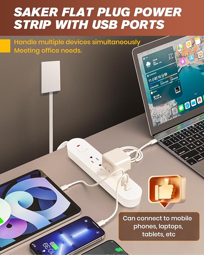 Saker Outlet Concealer Power Strip, 8FT Surge Protector Flat Extension Cord - Image 9