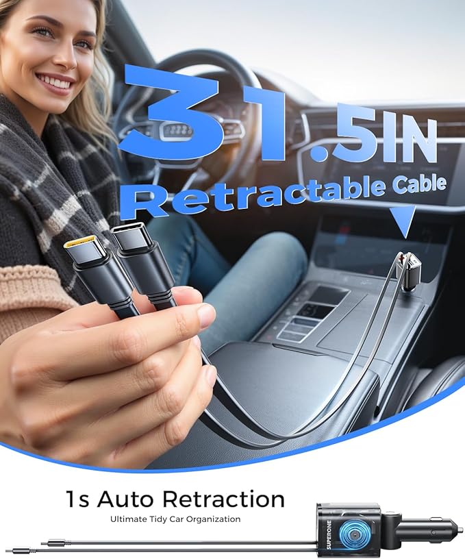 SUPERONE Retractable USB C Car Charger, Phone Car Charger Fast Charging - Image 3
