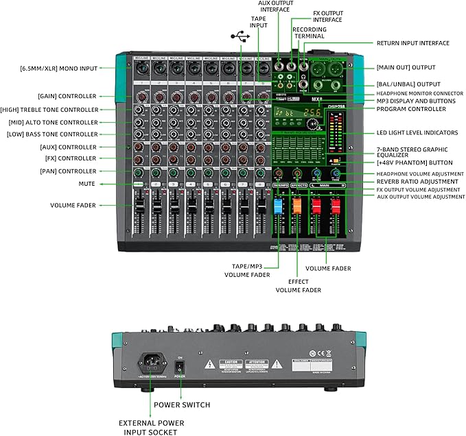 Depusheng MX8 8 Channel Sound Mixer Audio Mixing Console 48V 256DSP - Image 2