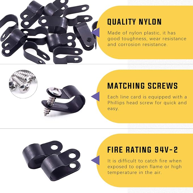 Swpeet 120 Pack Black 3/8 Inch Nylon Plastic R-Type Cable Clips Clamp Kit - Image 3