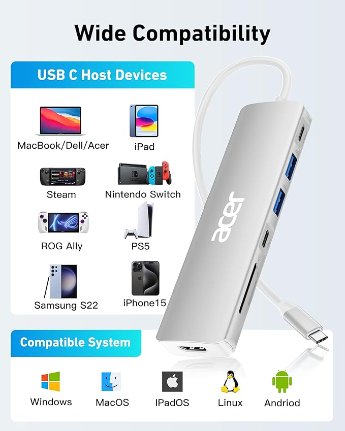 Acer USB C Dock, 7 in 1 USB C to HDMI Hub, 2 USB 3.1 GEN1 and 5Gbps Type-C Data - Image 6