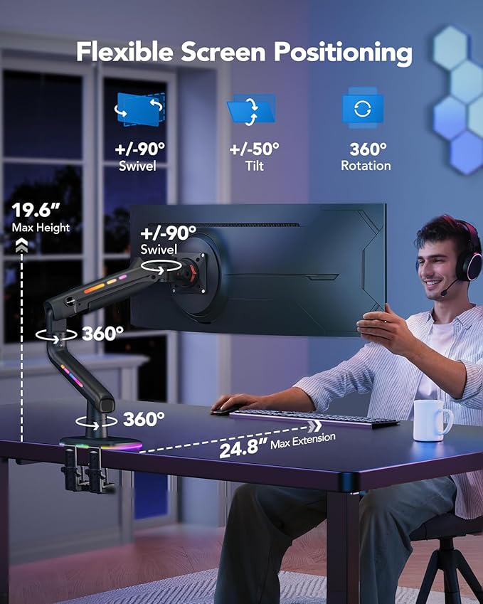 HUANUO RGB Monitor Arm for Ultrawide Screens up to 57″, Heavy-Duty Single Mount - Image 5