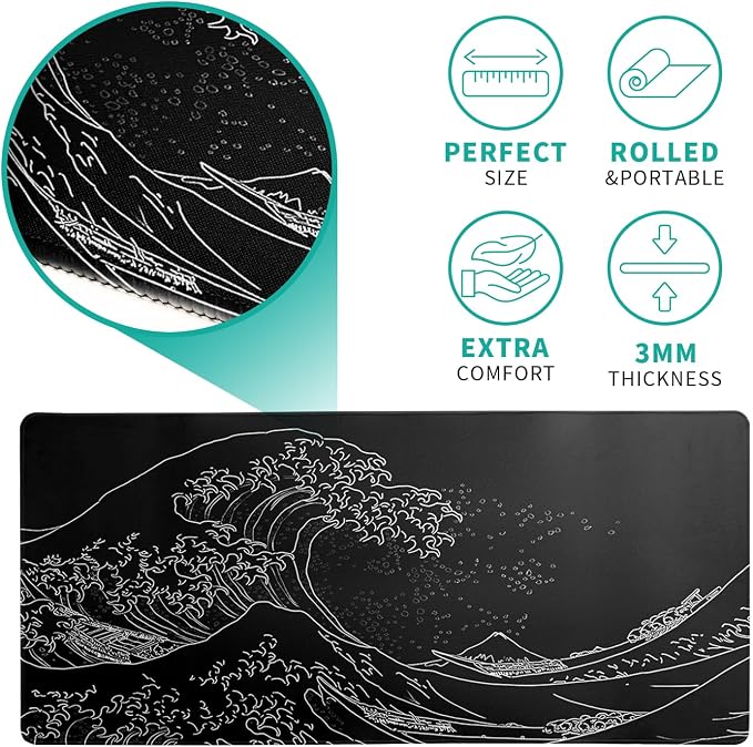 Japanese Gaming Mouse Pad Abstract Black Mouse Pad 31.5x11.8 Inch Black Sea - Image 5