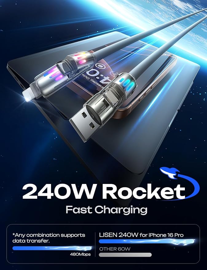 LISEN 10 FT USB C Cable Fast Charging, 240W 4 in 1 Charging Cable, Chubby Type - Image 4