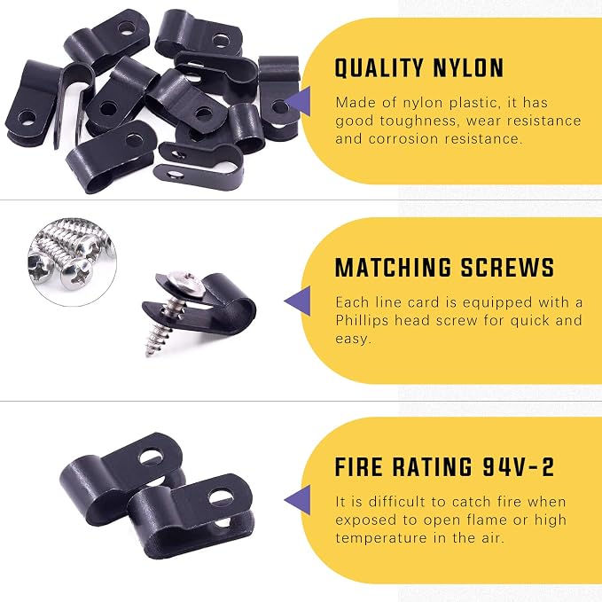 Swpeet 120 Pack Black 1/4 Inch Nylon Plastic R-Type Cable Clips Clamp Kit - Image 3