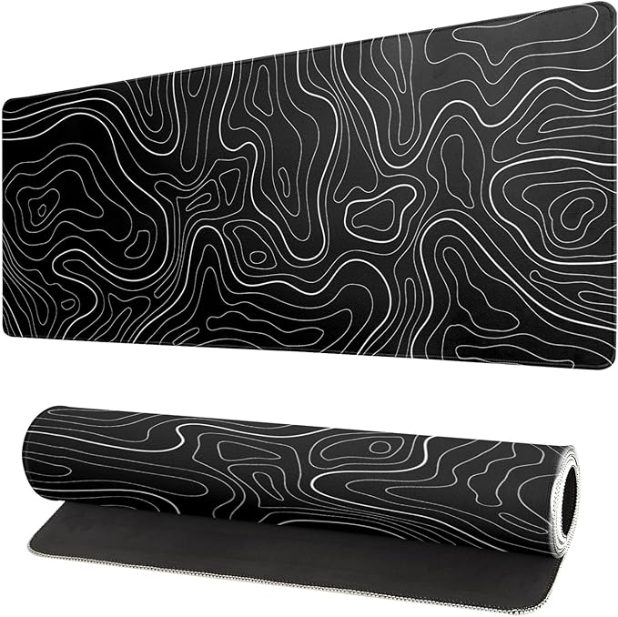 Topographic Contour Black Gaming Mouse Pad XL Geographic Map Lines Extended Big by Siski