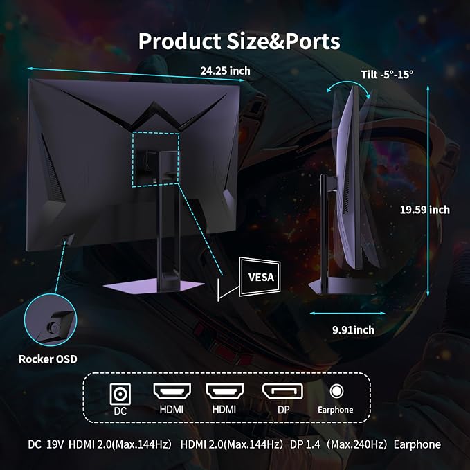 KTC 27'' 240hz Gaming Monitor 1440p 144Hz 1ms Fast HVA HDR400 130% sRGB HDMI & - Image 5