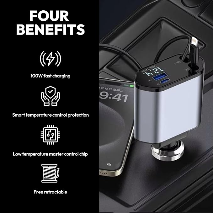 120W Retractable Car Charger 4-in-1 USB-C & Lightning Cable – Fast Charging - Image 4