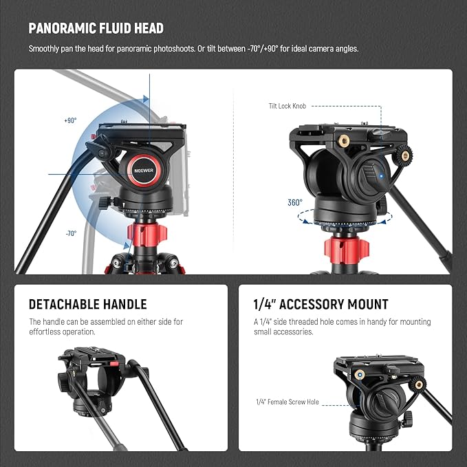 NEEWER 72" Fluid Head Video Tripod Monopod, Aluminum Alloy QR Plate Compatible - Image 2