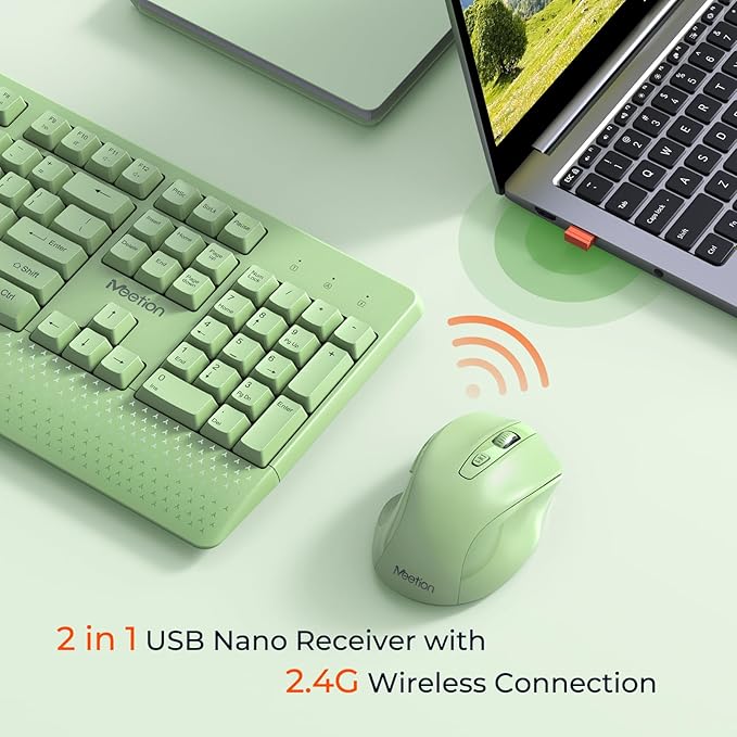 MEETION Green Wireless Keyboard and Mouse, Full-Sized Cordless Keyboard - Image 2