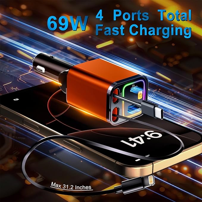 4 in 1 Retractable Car Charger, 69W Car Charger USB C, Cigarette Lighter Adapter - Image 2