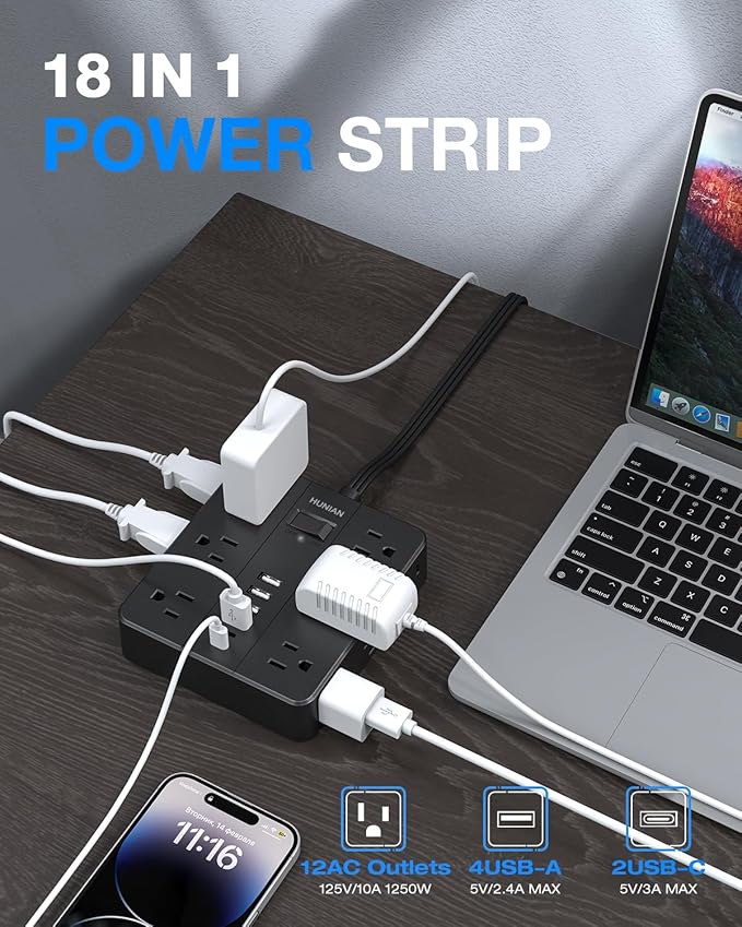 Power Strip Surge Protector, Flat Extension Cord Indoor 20 Feet, HUNIAN 12 - Image 2