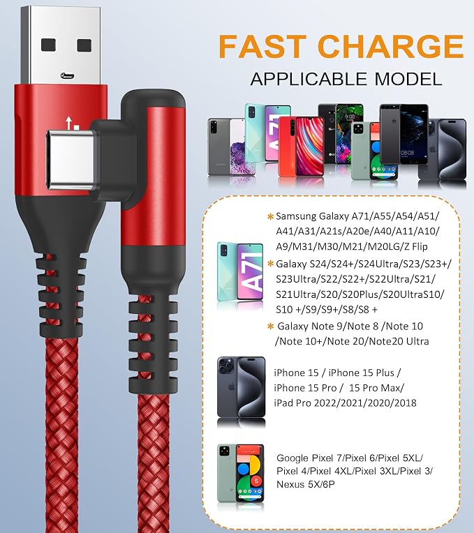 sweguard USB C Cable Right Angle, USB Type C iPhone 16 Charger Cable Nylon - Image 2