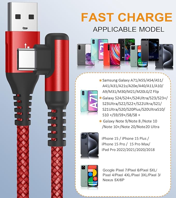 sweguard USB Type C Charger Cable Right Angle iPhone 16 Charger Nylon Braided - Image 2