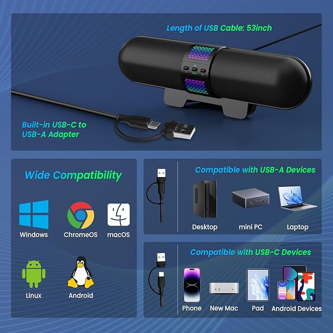 BESTISAN Computer Speaker, 6 RGB Light Modes, Gaming Soundbar - Image 7