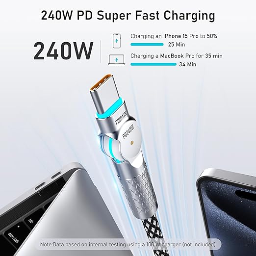 USB C to USB C Cable 6.6ft, 240W 2-Pack Braided 180°Rotating Type C Charging - Image 3