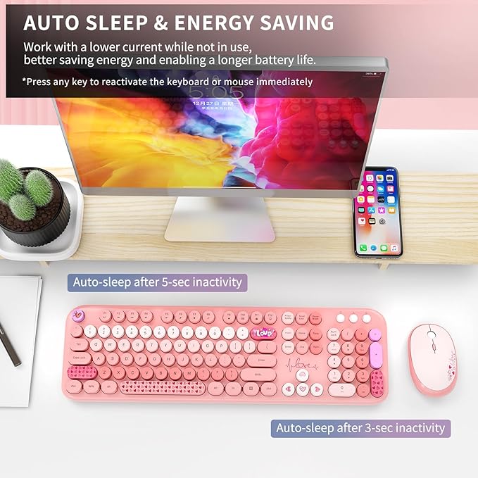 Wireless Keyboard and Mouse Combo, 104 Round Keys Full-Size Cute Colorful Pink - Image 4
