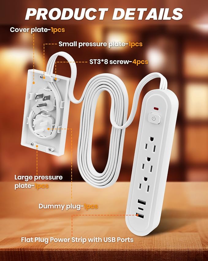 Saker Outlet Concealer Power Strip, 8FT Surge Protector Flat Extension Cord - Image 4