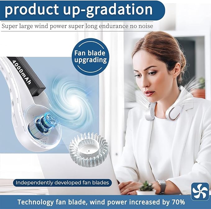 Portable Neck Fan, Bladeless Neck Fan, USB Rechargeable Personal Fan, 4000 mAh - Image 2